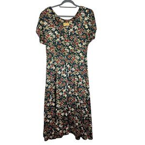 Retro Floral Midi Dress Green 10 Prairie Cottagecore Hippie Boho Western Folk